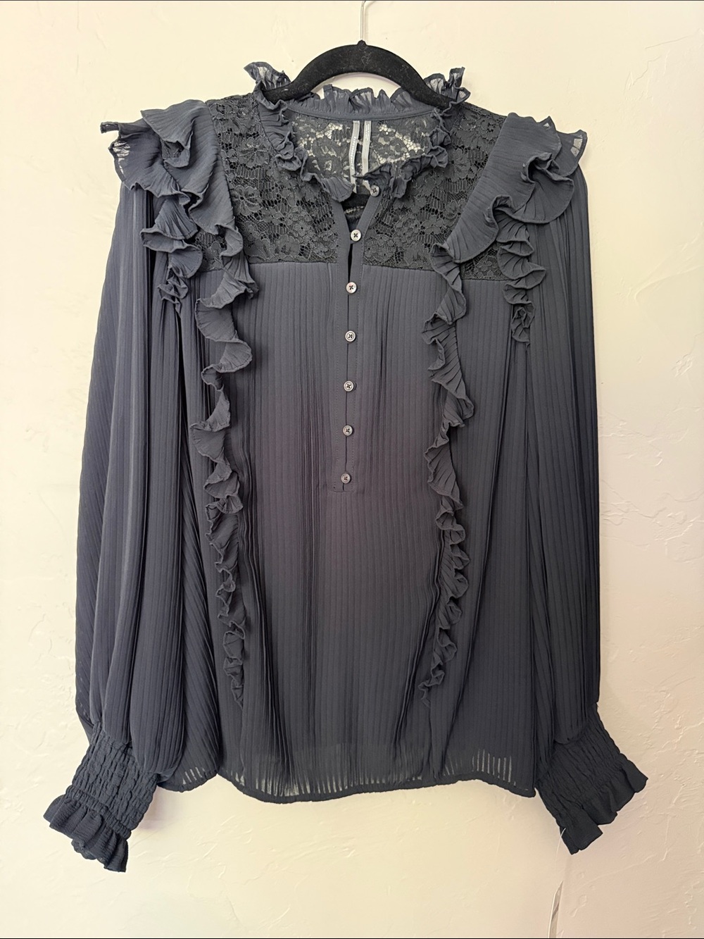 Anthropologie black Ruffled Lace-Yoke Pleated Blouse